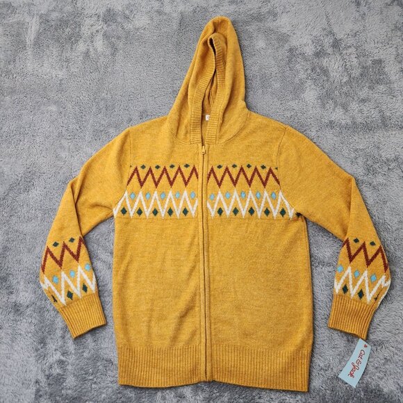 Cat & Jack Hooded Cardigan Kids Size L Yellow With Zip Closure Geometric Pattern - Picture 1 of 15